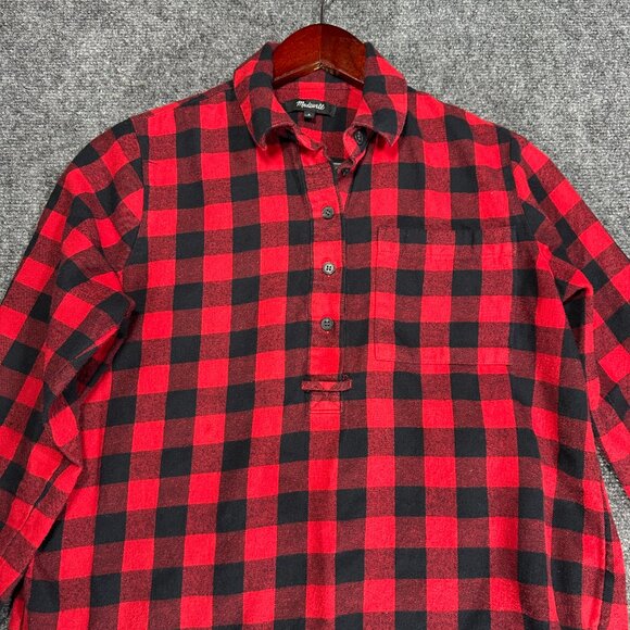 Madewell Top Womens Small Flannel Popover in Buffalo Check Red Black Pocket - Picture 4 of 8